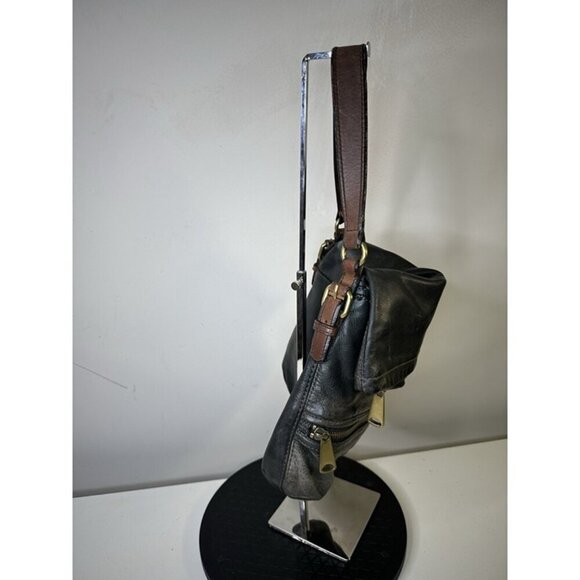 Vintage FOSSIL Explorer Foldover Leather Black&Brown Versatile Shoulder Bag EUC - Picture 3 of 12